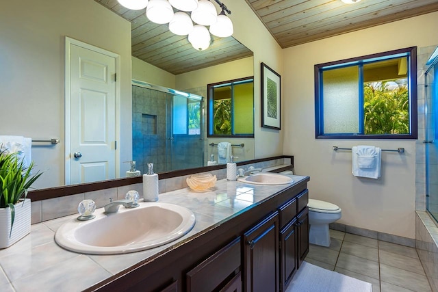 bathroom with tile patterned flooring, vanity, wood ceiling, and a shower with door