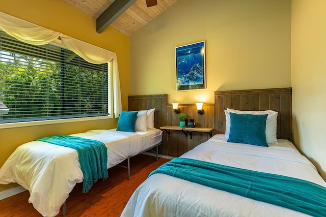 bedroom with lofted ceiling with beams, dark wood-type flooring, and wooden ceiling