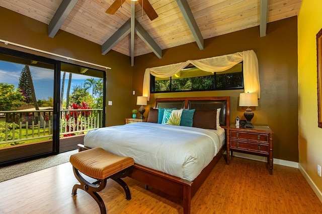 bedroom with wood ceiling, access to outside, ceiling fan, hardwood / wood-style flooring, and vaulted ceiling with beams