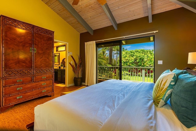 bedroom with wooden ceiling, access to outside, light hardwood / wood-style flooring, ensuite bath, and vaulted ceiling with beams