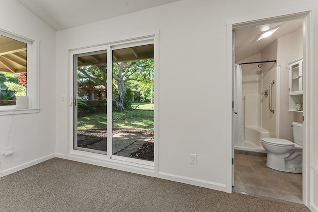 interior space with carpet and lofted ceiling