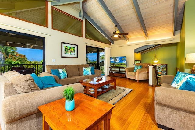 living room with ceiling fan, wooden ceiling, beamed ceiling, high vaulted ceiling, and wood-type flooring