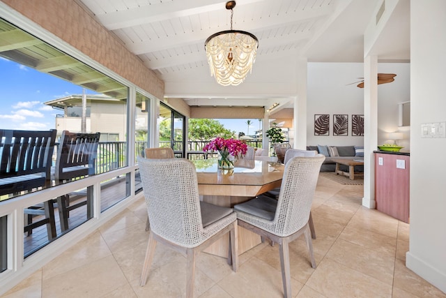 tiled dining area with wooden ceiling, lofted ceiling with beams, and ceiling fan with notable chandelier