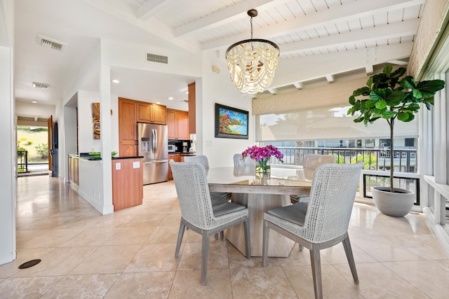 tiled dining space featuring a chandelier, vaulted ceiling with beams, and wooden ceiling