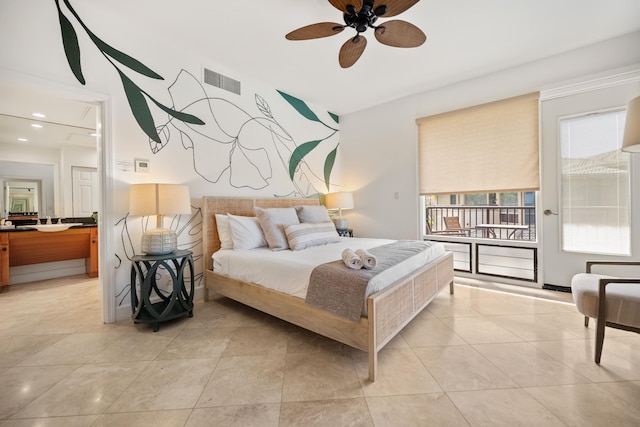 bedroom with light tile patterned floors and ceiling fan