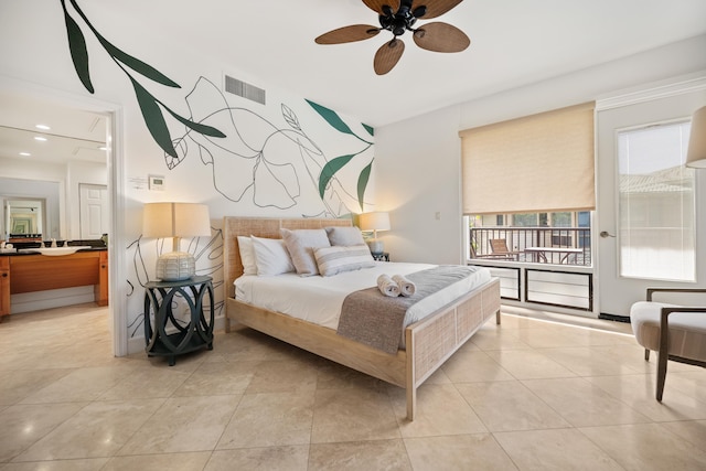 500 Bay Dr Unit 28B2, Lahaina, HI 96761 - bedroom featuring access to outside, light tile patterned floors, a ceiling fan, and recessed lighting