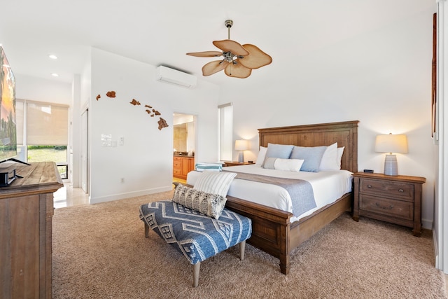 500 Bay Dr Unit 28B2, Lahaina, HI 96761 - bedroom featuring light colored carpet, a wall mounted air conditioner, recessed lighting, connected bathroom, and ceiling fan