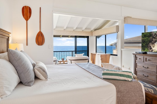 bedroom featuring access to outside, vaulted ceiling with beams, wooden ceiling, and hardwood / wood-style flooring