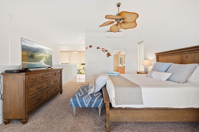 carpeted bedroom with an AC wall unit and ceiling fan