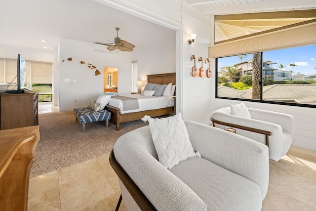 bedroom featuring high vaulted ceiling, tile patterned floors, and ceiling fan