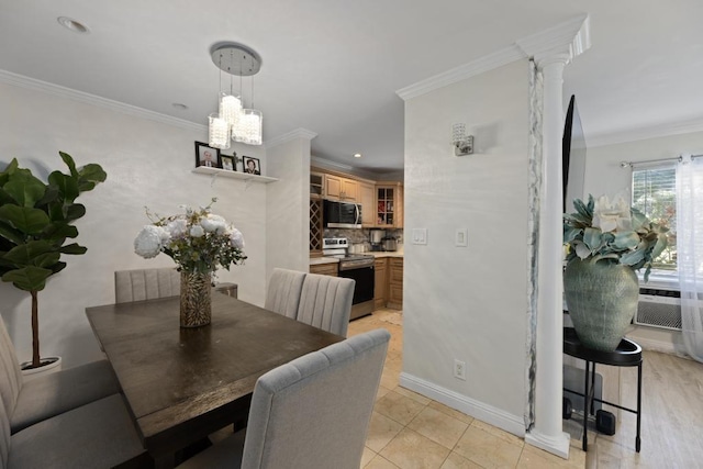 tiled dining room with cooling unit, crown molding, and ornate columns