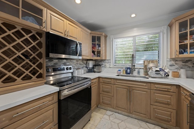 kitchen with stainless steel appliances, ornamental molding, tasteful backsplash, and sink