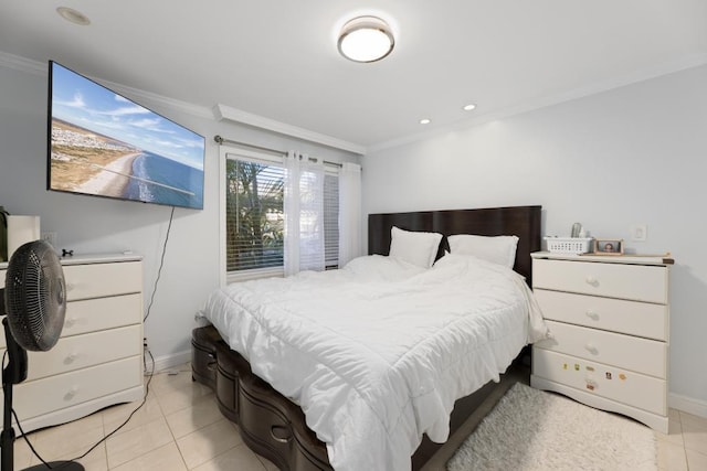 bedroom with light tile patterned flooring and crown molding