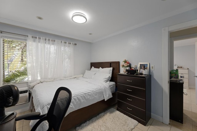 tiled bedroom featuring crown molding