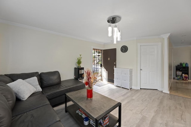 living room featuring ornate columns, crown molding, and light hardwood / wood-style floors