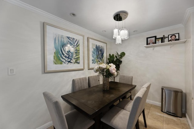 tiled dining space with crown molding and an inviting chandelier