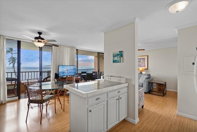 800 S Kihei Rd Unit 504, Kihei, HI 96753 - kitchen featuring ceiling fan, light wood finished floors, baseboards, plenty of natural light, and crown molding