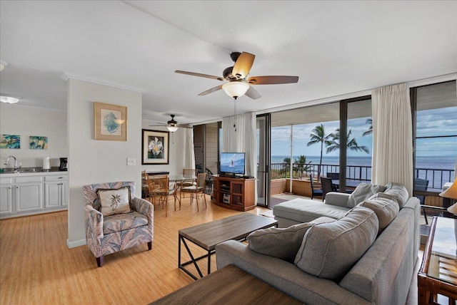 800 S Kihei Rd Unit 504, Kihei, HI 96753 - living area featuring light wood finished floors, healthy amount of natural light, ornamental molding, a ceiling fan, and a wall of windows