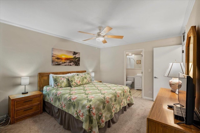 800 S Kihei Rd Unit 504, Kihei, HI 96753 - bedroom featuring ornamental molding, light carpet, ensuite bathroom, ceiling fan, and baseboards