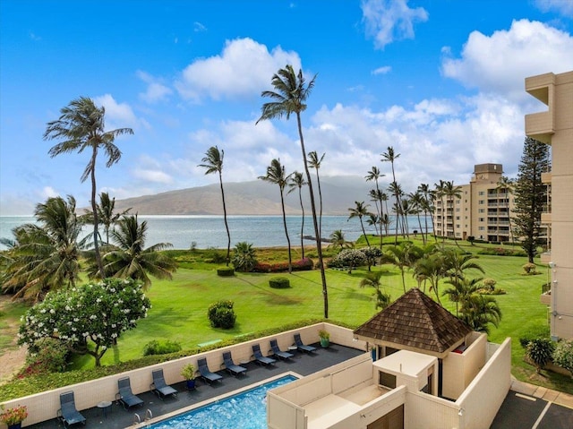 800 S Kihei Rd Unit 504, Kihei, HI 96753 - swimming pool with a water view, a gazebo, an outdoor living space, and a yard