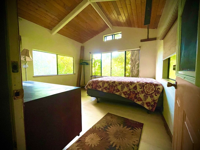 bedroom featuring wooden ceiling and lofted ceiling with beams