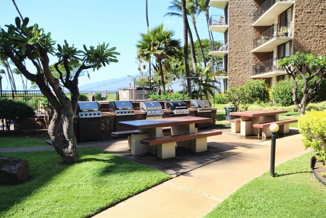 view of home's community with a lawn, a mountain view, and exterior kitchen