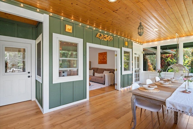 sunroom featuring wooden ceiling