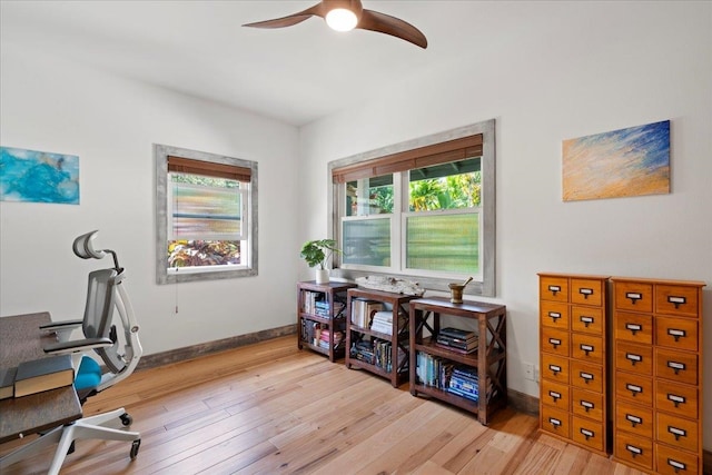 office with light wood-style floors, a healthy amount of sunlight, and baseboards