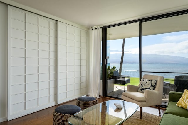 100 Hauoli St Unit 106, Wailuku, HI 96793 - sitting room featuring a water view, wood finished floors, and a wall of windows