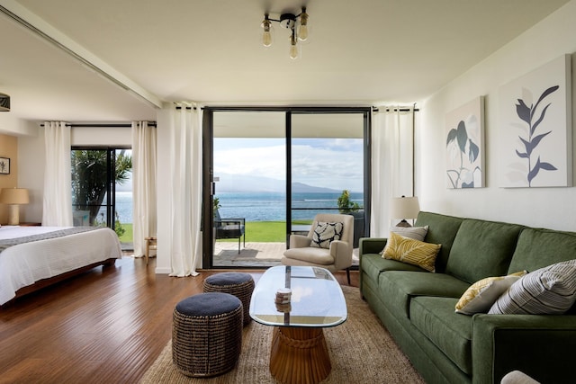 100 Hauoli St Unit 106, Wailuku, HI 96793 - living room featuring a water view and dark wood-style floors