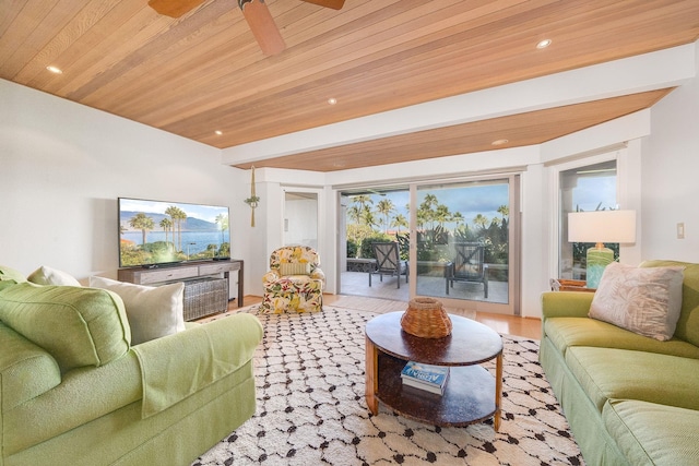 living room with light wood-type flooring, wood ceiling, and ceiling fan