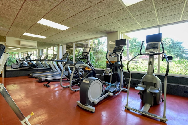 workout area featuring a wall mounted AC and a drop ceiling