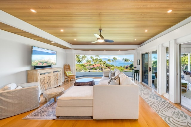 living room featuring wood ceiling, light hardwood / wood-style flooring, and ceiling fan