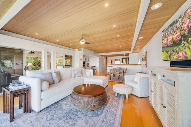 living room with ceiling fan, light hardwood / wood-style floors, and wooden ceiling