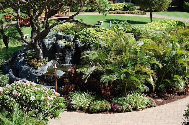 view of community featuring a lawn and a small pond