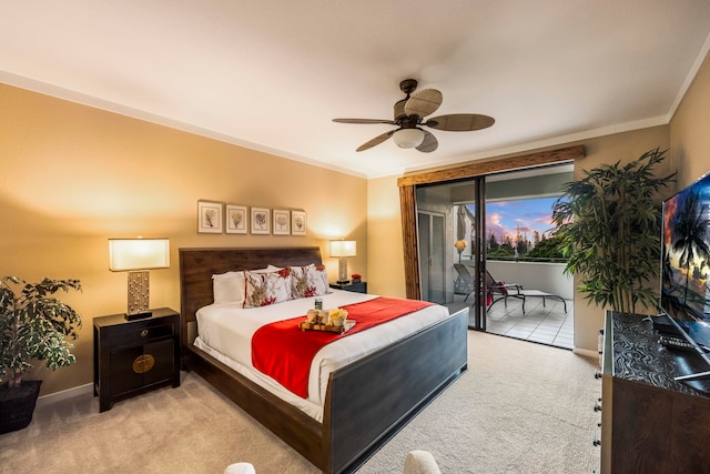 carpeted bedroom with ceiling fan, crown molding, and access to exterior