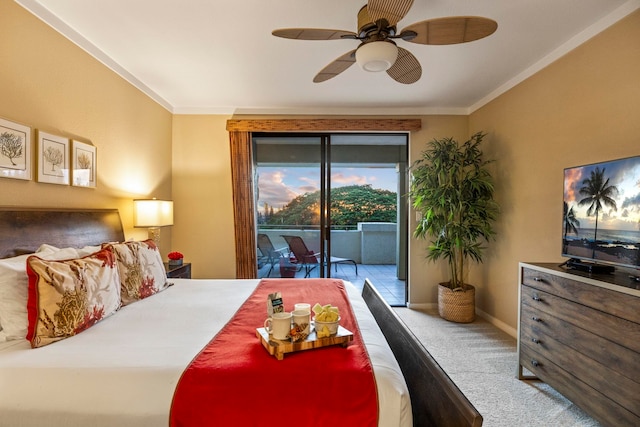 bedroom featuring access to outside, crown molding, light carpet, and ceiling fan