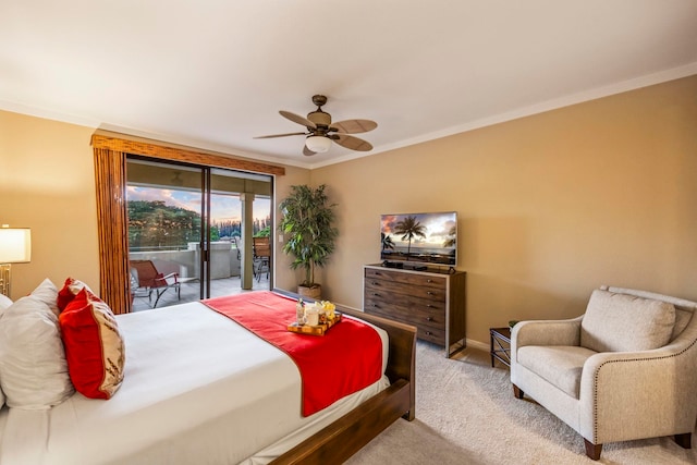 bedroom with access to outside, light colored carpet, crown molding, and ceiling fan