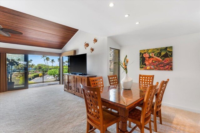 3600 Wailea Alanui Dr Unit 708, Kihei, HI 96753 - dining area featuring lofted ceiling, light carpet, recessed lighting, ceiling fan, and wood ceiling