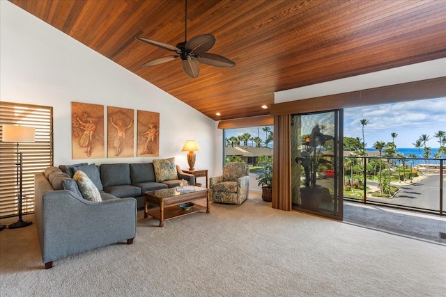 carpeted living room featuring ceiling fan, lofted ceiling, a water view, and wooden ceiling