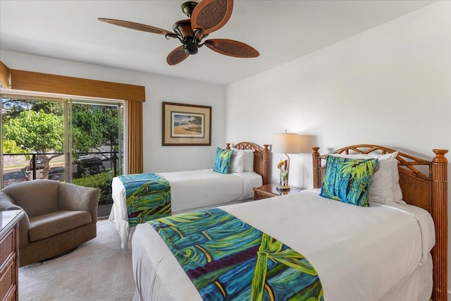 bedroom with light carpet, ceiling fan, and access to exterior