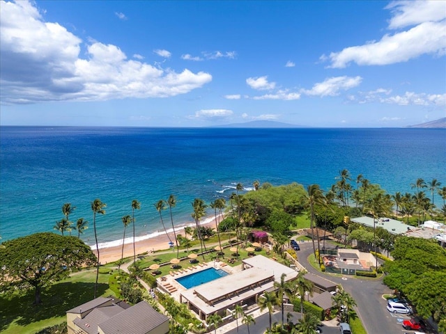 aerial view featuring a view of the beach and a water view