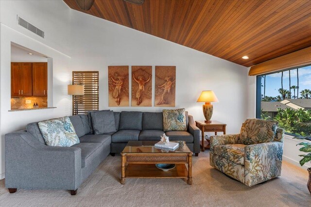 3600 Wailea Alanui Dr Unit 708, Kihei, HI 96753 - carpeted living area with lofted ceiling, wooden ceiling, and recessed lighting