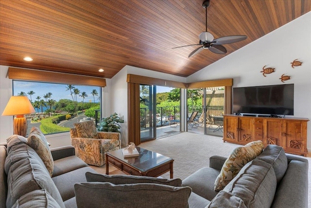 carpeted living room featuring ceiling fan, wood ceiling, and vaulted ceiling