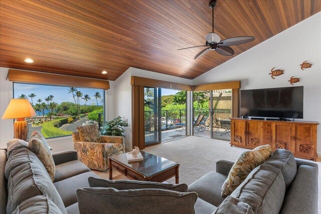 3600 Wailea Alanui Dr Unit 708, Kihei, HI 96753 - living area with wooden ceiling, ceiling fan, lofted ceiling, carpet, and recessed lighting