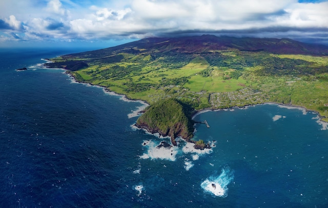 aerial view featuring a water and mountain view