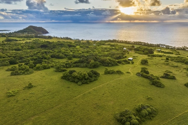 aerial view at dusk with a water view