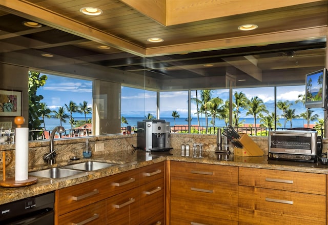 kitchen with dishwasher, stone countertops, and sink