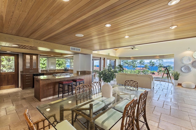 dining area featuring ceiling fan, wood ceiling, and sink