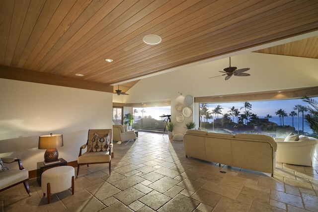 living room with beam ceiling, ceiling fan, high vaulted ceiling, and wood ceiling